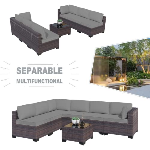 Kullavik 7 Pieces Outdoor Patio Furniture Set,Sectional Rattan Sofa Set Brown PE Rattan Wicker Patio Conversation Set with Tempered Glass Coffee Table and Washable Cushions Covers,Grey
