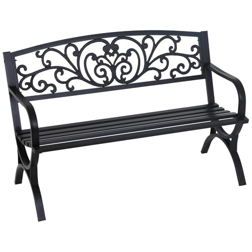 FDW Outdoor 50 Inches Garden Bench, Slatted Seat Armrests Floral Design Backres and Arch Legs, Perfect for Park, Yard, Porch, Lawn, Balcony, Backyard, Black