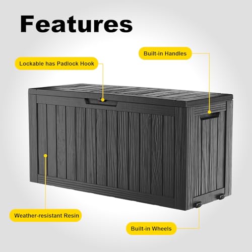 ROJIK Outdoor Storage Box with Wheels – 85 Gallon Mobile Waterproof Resin Deck Box, Lockable Storage for Patio Cushions, Garden Tools, Pool Accessories – UV-Resistant Storage Bench for Backyard & Deck