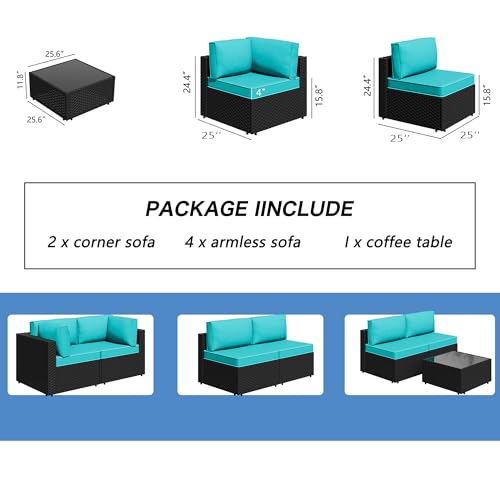 7 Piece Outdoor Patio Furniture Set,Black PE Rattan Wicker Sectional Sofa, All Weather Conversation Set with Washable Cushions & Glass Coffee Table for Backyard Poolside Garden Porch,Blue