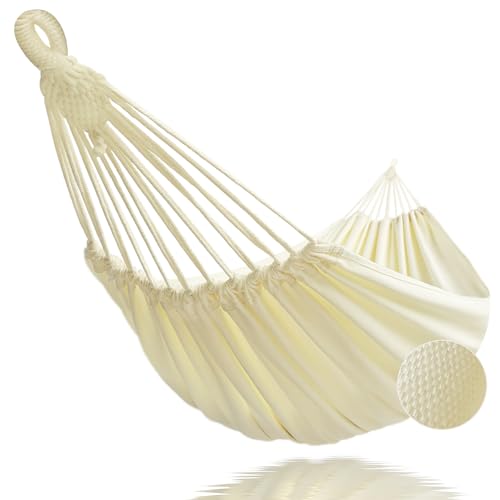 Double Hammock 500 lbs Load Capacity, Polyester Cotton Hammock, Suitable for Patio Porch, Garden and Backyard Relaxation, Indoor & Outdoor Use (Beige)