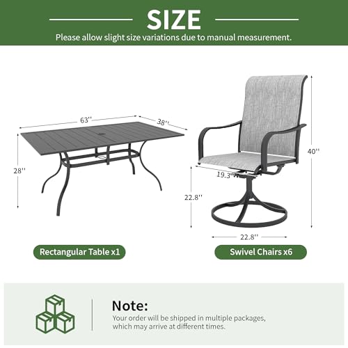 Anmutig 7-Piece Outdoor Patio Dining Set, Outdoor Furniture 6 Sling Dining Swivel Chairs and Steel Frame Slat Rectangular Table with 1.57" Umbrella Hole for Backyard, Grey