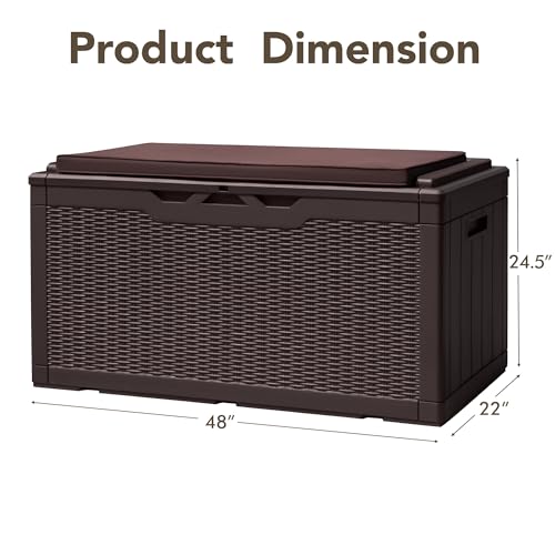 Devoko 100 Gallon Deck Box, Waterproof Resin Outdoor Storage Box with Cushion for Outside and Patio, Large Outdoor Storage Bench Cabinet Lockable for Patio Furniture and Garden Tools (Deep Brown)