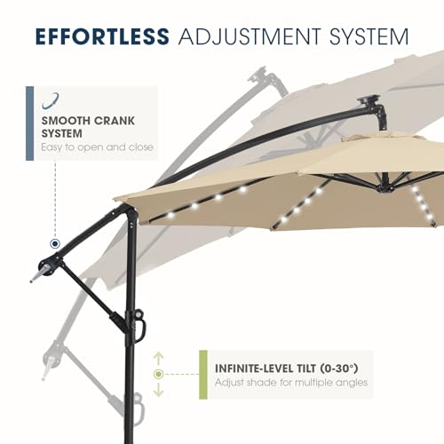 wikiwiki 10ft Solar LED Offset Patio Umbrella, Outdoor Cantilever Patio Umbrellas with Solor Lights for Backyard, Poolside and Garden, Easy Tilt Adjustment, 32 LED Lights & Polyester Shade, Beige
