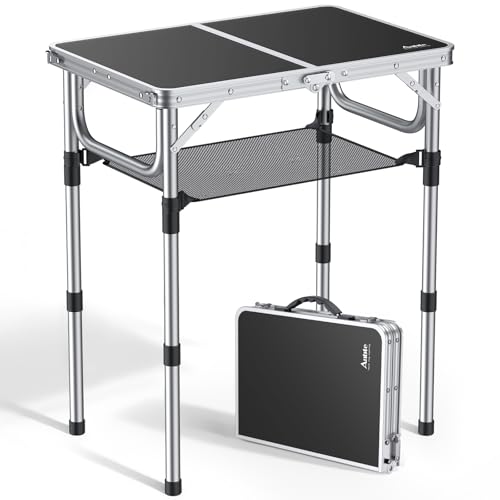 Anbte Folding Camping Table, Aluminum 24" x 16" Adjustable Height Small Folding Table with Carrying Handle, Lightweight, Portable Camping Table Waterproof for Outdoor Indoor Picnic Beach BBQ (Black)