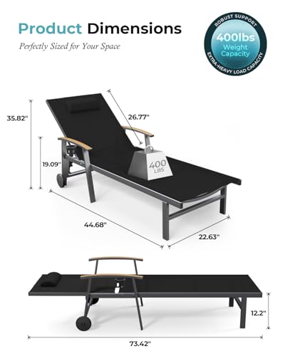 Ciokea Outdoor Lounge Chair with Pillow, 5-Position Aluminum Chaise Lounge with Wheels & Armrests, 400 lbs Heavy Duty Patio Pool Chair for Deck, Backyard, Beach & Poolside, Black