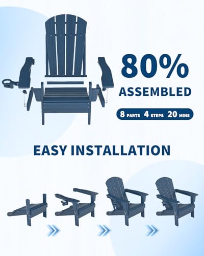 GarveeLife Folding Adirondack Chair Set of 2 with Side Table, All-Weather HDPE Outdoor Chair, Wooden Textured with Cup Holder for patios, Decks, Gardens, fire pits, Navy Blue