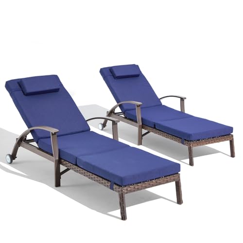 Mvpipi Outdoor Chaise Lounge Chairs Set of 2 with Wheels & Adjustable Backrest, Pool Lounge Chairs Set of 2 with Cushions, Wicker Poolside Lounge Chairs for Patio Deck Backyard, Blue