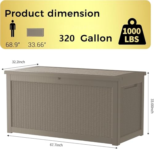 TARKARI 320 Gallon Outdoor Storage Box Waterproof, Resin Deck Boxes with Lockable Lid & UV-Resistant for Patio, Pool, Garden Furniture Cushions & Accessories, Coffee