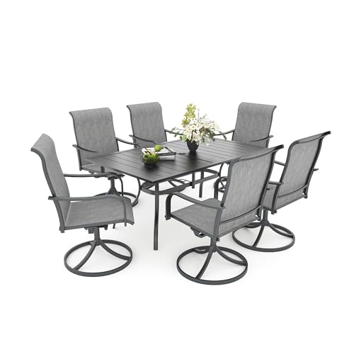 Anmutig 7-Piece Outdoor Patio Dining Set, Outdoor Furniture 6 Sling Dining Swivel Chairs and Steel Frame Slat Rectangular Table with 1.57" Umbrella Hole for Backyard, Grey