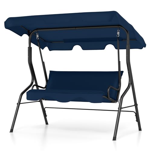 Tangkula 3 Person Porch Swing, Patio with Removable Cushion & Powder-Coated Steel Frame, Outdoor Swing with Canopy for Porch, Backyard, Garden, Balcony(Navy)