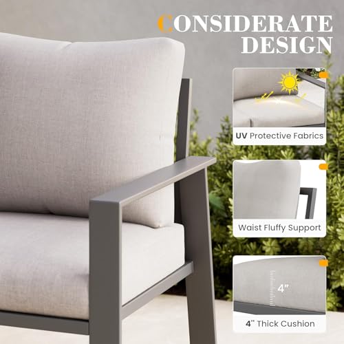VONZOY Outdoor Loveseat with Coffee Table Small Furniture Aluminum Patio Love Seat Couch Outdoor Chairs with 4" Cushion Loveseats Sofa for Poolside,Balcony,Deck,Yard