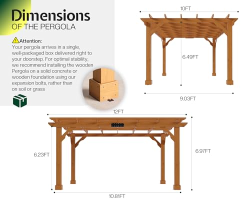 Jocisland 10x12 FT Premium Cedar Wood Pergola with Trellis Roof & Weather-Resistant Support, Outdoor Pergola Kit with Stakes, Garden Gazebo for Patio, Backyard & Events, Reddish-Brown