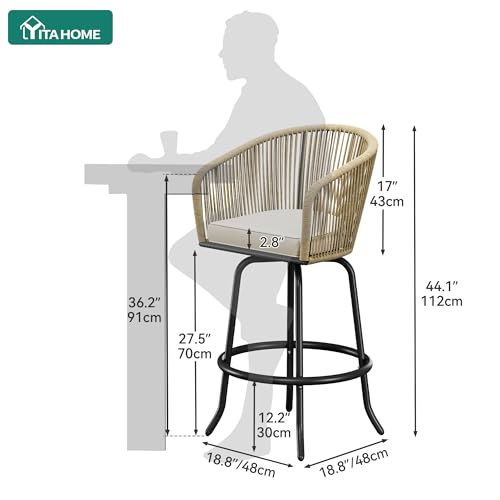 YITAHOME 27" Bar Stools Set of 2 with Arms & Cushions, 360° Swivel Outdoor Bar Stools, All Weather Counter Height Bar Stools Set of 2 with Curved Back for Backyard, Kitchen Island, Dining Room, Beige