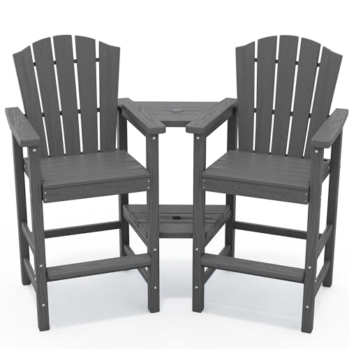 KINGYES Tall Adirondack Chair Set of 2, All-Weather HDPE Outdoor Adirondack Barstools with Removable Double Connecting Trays, High Airondack Chair with Wood Grain, Embossed Balcony Chair, Gray