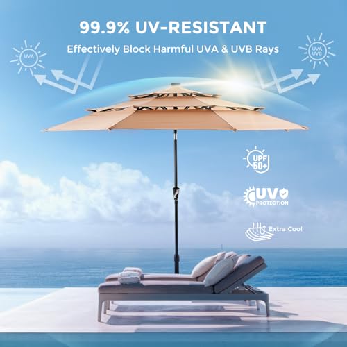 HOMSHADE 9FT 3-Tier Solar Patio Umbrella Heavy Duty, Vented Market Table Umbrella Windproof with 32 LED Lights, UPF50+, 5-Year Fade Resistant, 8 Thicker Ribs for Pool, Lawn, Garden, Deck (Beige,No Base)