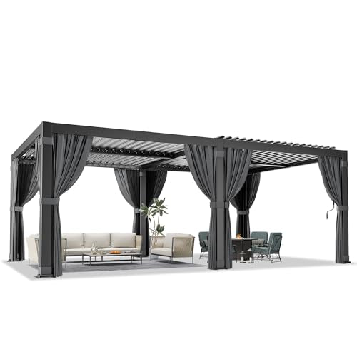 Airwire 12'x20' Louvered Pergola, Outdoor Pergola with 2 Independent Adjustable Roof and Drainage System, Aluminum Pavilion with Curtains & Netting, Hardtop Gazebo for Patio, Deck, Garden, Gray