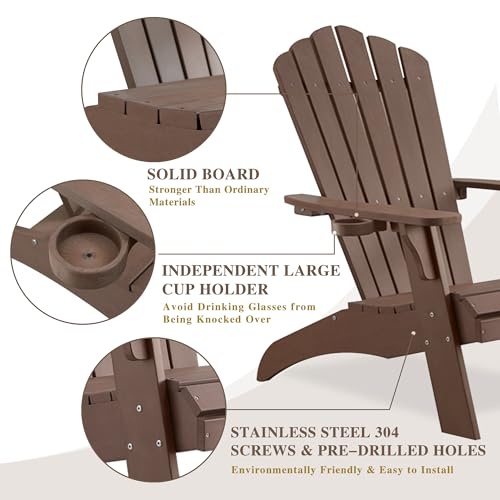 Psilvam Adirondack Chair, Oversized Poly Lumber Fire Pit Chair with Cup Holder, 350Lbs Support Patio Chairs for Garden, Weather Resistant Outdoors Seating, Relaxing Gift for Father & Mother (4, Brown)