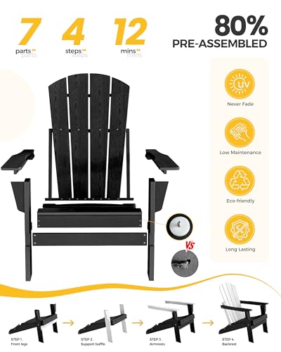 EcoVida Outdoors Folding Adirondack Chair, Lightweight & Portable HDPE Patio Chair, All-Weather Space-Saving Foldable Fire Pit Seating for Camping, Backyard, Deck-Black