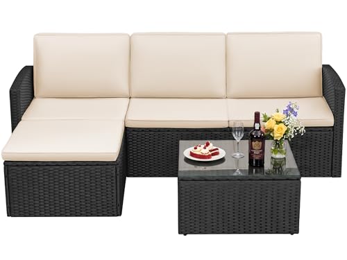 Devoko Patio Sofa,Outdoor Furniture Set 4 Pieces,Wicker Sectional Couch with Glass Desktop and 75.9in Wide Backrest for Backyard, Deck,Porch & Poolside(Black)