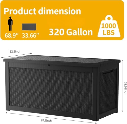 PATIOEASY Outdoor Storage Box 325GAL Waterproof Resin Deck Box,Pool Accessories Supplies，UV-Resistant Lockable Package Delivery Bin for Garden Tools,Large Patio Outside Cushions,Chest,Furniture,Black