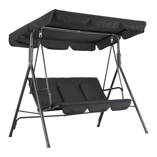 3-Seat Outdoor Patio Porch Swing with Stand, Adjustable Canopy & Thick Waterproof Cushions, Steel Frame Swing Outdoor Chair for Backyard, Front Porch, Lawn, Garden
