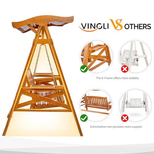 VINGLI Porch Swing with Stand, Porch Swing with Canopy, Waterproof Patio Swing with Cup Holder, Outdoor Swing Set for Garden, Yard, Patio, Teak