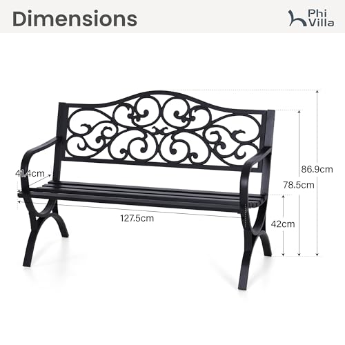 PHI VILLA 50-Inch Cast Iron Steel Frame Garden Bench Outdoor Patio Bench Chair w/Floral Design Backrest, Slatted Seat for Park, Yard & Porch, Black