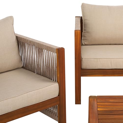 SAFAVIEH Outdoor Collection Roya Natural/Taupe Solid Wood 4-Piece Conversation Set