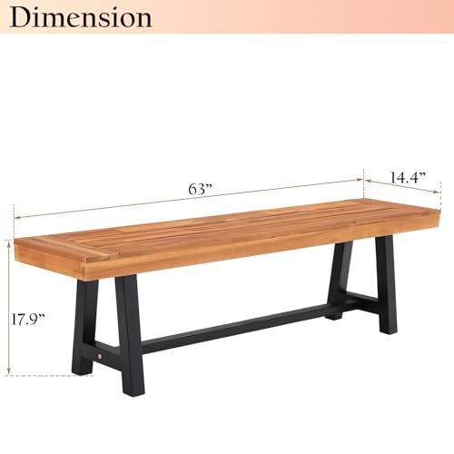Sophia & William Outdoor Bench Garden Bench Wood 63", Patio Dining Bench Weatherproof, Wooden Park Front Porch Benches for Outside, Backless Acacia Wood Bench Long Narrow Clearance, Teak