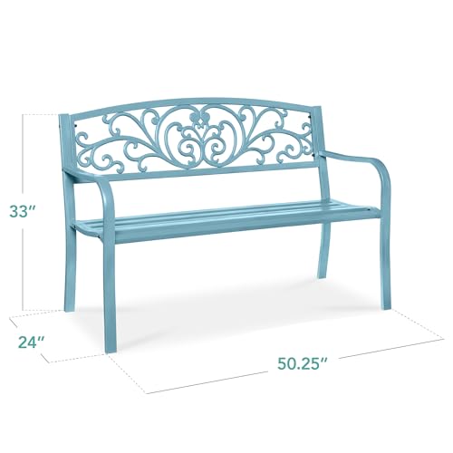 Best Choice Products Outdoor Bench Steel Garden Patio Porch Furniture for Lawn, Park, Deck w/Floral Design Backrest, Slatted Seat - Sky Blue