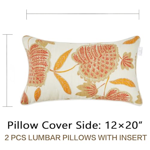 JMGBird Water-Resistant Outdoor Pillows Set of 2, 12x20 inch Durable Beige with Orange Leaf Pattern Throw Pillows with Inserts for Patio Furniture