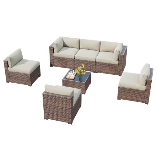 LazySunsets 7 Piece Outdoor Patio Furniture Set with Coffee Table, Outdoor Patio Furniture Sets with Thicken Cushion, Wicker Rattan Outdoor Conversation Set for Backyard & Garden, Beige