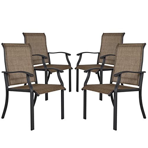 NUU GARDEN 4 Piece Outdoor Patio Dining Chairs, Textilene Dining Chairs with High Back, Patio Furniture Chairs with Armrest, Iron Frame for Lawn Garden Backyard Deck, Black and Brown
