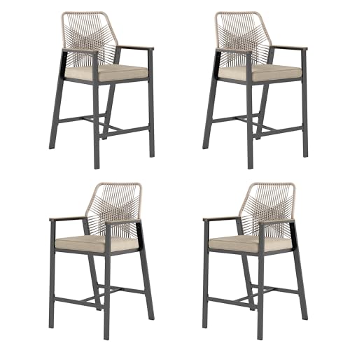 SUNSHINE VALLEY Outdoor Bar Stools Set of 4, Rattan High Top Patio Chairs with Waterproof Cushion and Armrest, All-Weather Bar Height Furniture for Outside Patio Balcony and Pool, Beige