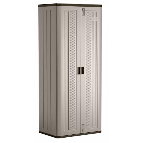 Suncast Tall Storage Cabinet for Garage Organization - 72" Freestanding Utility Closet with Shelving for Garden Supplies, Paint Cans & Outdoor Tools, Multi-Wall Resin Construction, Platinum