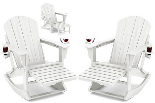 KINGYES Adirondack Rocking Chair Set of 2 with Retractable Ottoman and Cup Holders, HDPE Adirondack Rocker Patio Rocking Chair for Porch, Patio, Balcony, White