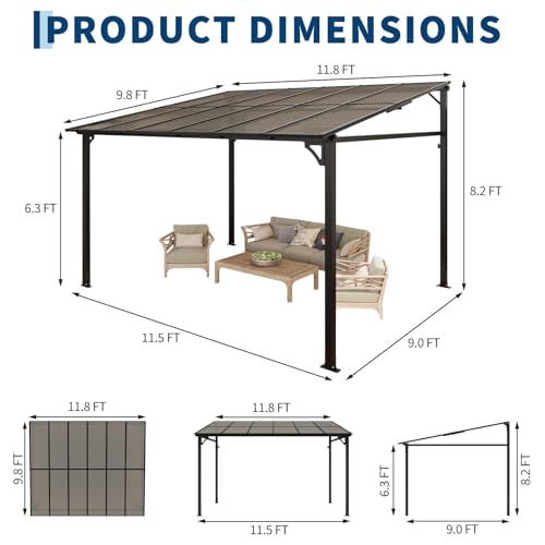 10x12 ft Wall-Mounted Lean-to Gazebo, Outdoor Patio Cover Awning with Heavy-Duty Aluminum Frame & UV-Resistant Polycarbonate Roof, All-Weather Hardtop Canopy for Deck, Yard & Parties