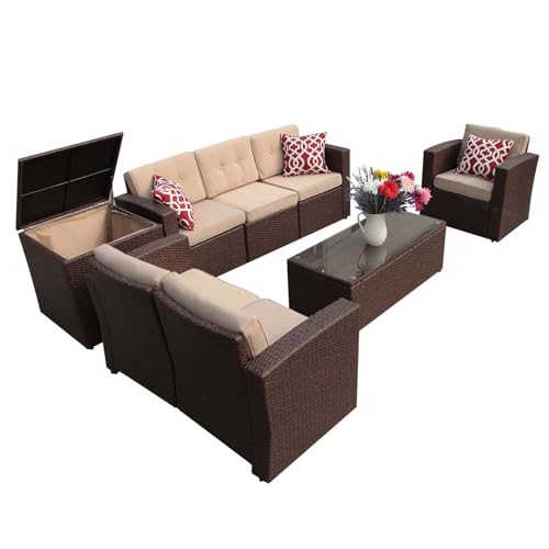 Super Patio 8 Pieces Outdoor Patio Furniture Set, Wicker Patio Conversation Sets with Storage Box, Rattan Outdoor Sectional Sofa Set with Cushions and Coffee Table for Outside Porch, Deck, Brown