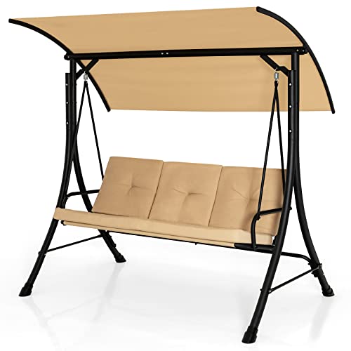 Tangkula 3 Person Porch Swing, Outdoor Swing with Removable Cushions, Solid Steel Structure, Patio Swing with Adjustable Canopy for Garden, Backyard, Balcony, Poolside Beige