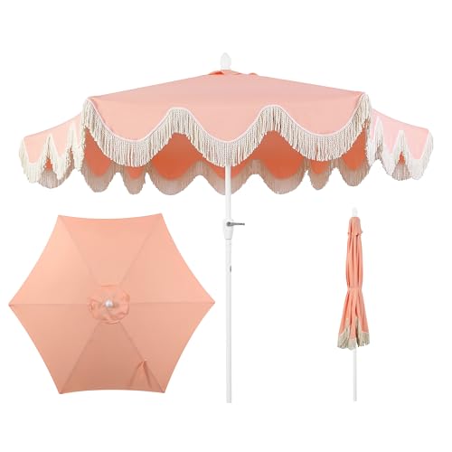 JONATHAN Y Collins 9 ft. Bohemian Fringe Outdoor Patio Umbrella with Crank Lift and Tilt, Scalloped UV-Resistant Market Sunshade for Pool and Deck, Coral Pink, White Pole UMB1001J