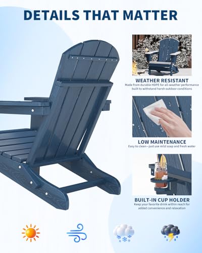 GarveeLife Folding Adirondack Chair Set of 2 with Side Table, All-Weather HDPE Outdoor Chair, Wooden Textured with Cup Holder for patios, Decks, Gardens, fire pits, Navy Blue