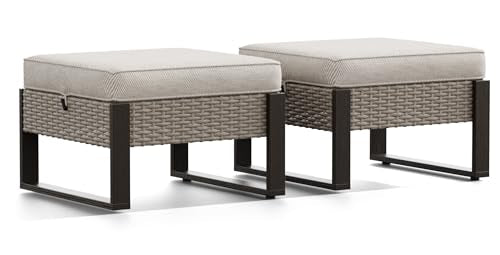 Joyside Outdoor Patio, All-Weather PE Rattan Ottomans Footstools with Removable Cushions & Anti-Rust Wood-Looking Legs for Garden, Backyard, Porch, Deck (Beige)