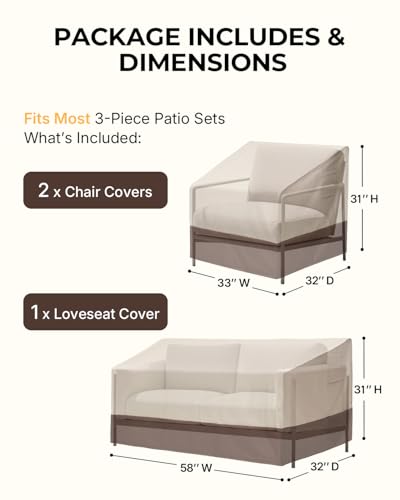 loriano 3-Piece Patio Furniture Covers Set, Waterproof Outdoor Chair & Loveseat Covers, Heavy Duty 600D Oxford Fabric with UV Protection, Windproof Design for All-Weather Protection