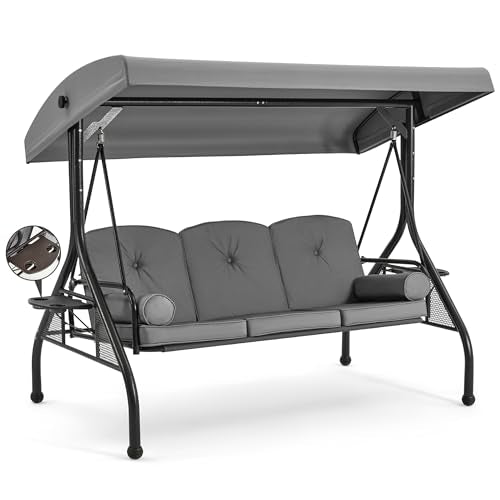 HOMREST 3 Seat Outdoor Porch Swing with 1.5" Deep Cup Holder, Adjustable Canopy,Patio Swing Bed with Stand, Patio Glider Swing with Thicken Cushions, Pillow(Grey)