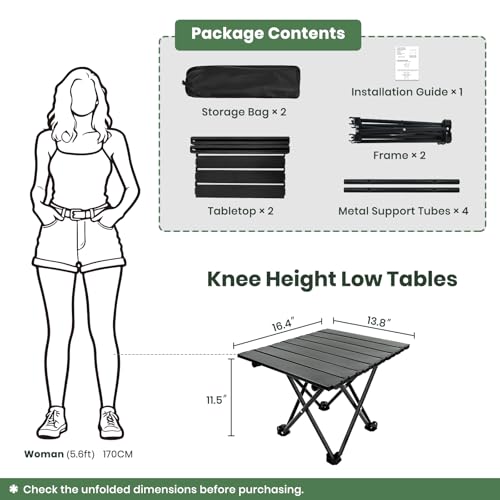 hediya 2 Pack Portable Camping Table Foldable, Ultralight Small Folding Beach Table with Carry Bag for Outdoor Travel, Beach, Camp, Picnic, BBQ, Cooking, Festival, Boat, Home Use (Black-S)