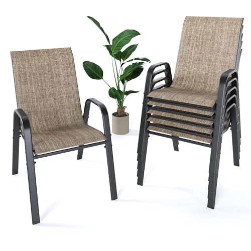 CHINNLUU Outdoor Patio Chairs Set of 6 Stackable Dining Chairs All-Weather Textilene Furniture Set for Pool Deck, Backyard, Garden
