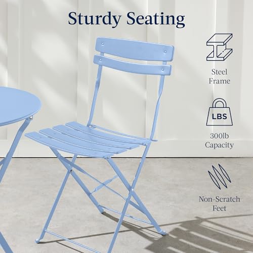 Best Choice Products 3-Piece Bistro Set, Space Saving Folding Design, Solid Steel, Outdoor Patio Furniture Set w/ 2 Chairs, Bistro Table - Light Blue