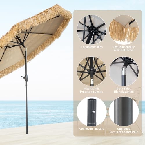 CBFULLRES 8FT Tiki Umbrella, Patio Umbrella Thatched Umbrella Outdoor Patio, Upgrade with UPF 50+, Tiki Beach Umbrellas with Zinc Alloy Push Button Tilt and for Pool Backyard