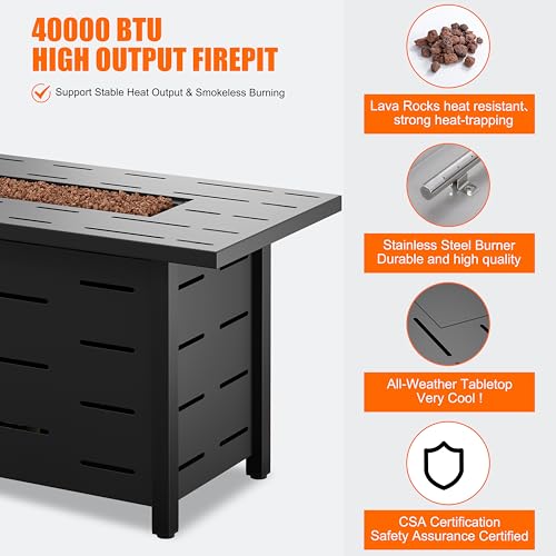 Shintenchi 42" Outdoor Propane Fire Pit 50,000 BTU Gas Fire Pit Table with Lid, Waterproof Cover, Rectangle Gas Firepit Table for Garden/Patio, CSA Certification, Black